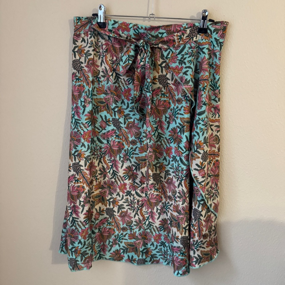 Vintage Silk Pink Green Floral Midi Wrap Skirt One Size Boho Beach Travel Casual